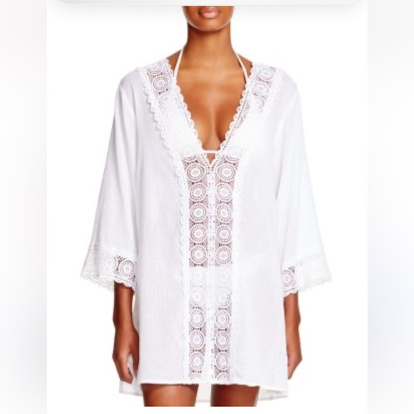 La Blanca White Lace Boho Tunic Blouse Beach Resort Cover Up Crochet Trim Size S - Picture 13 of 13